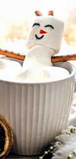 Charming marshmallow snowman in hot chocolate.