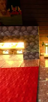 Minecraft cozy room with glowing fireplace and lamp.