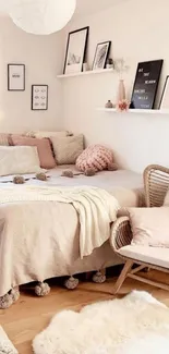 Minimalist cozy bedroom with beige decor.