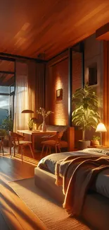 Cozy modern bedroom with warm lighting and elegant decor.