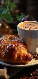 A cup of coffee and croissant on a plate with coffee beans scattered around.