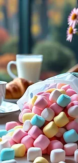 Colorful marshmallows and coffee on a table with flowers.