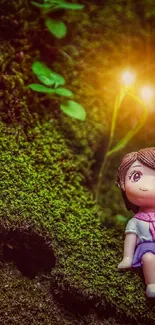 Two cute figures on glowing moss, exuding a serene and magical forest ambiance.