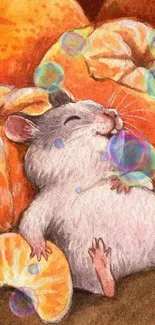 A content mouse resting among peeled oranges with a warm, orange-brown background.