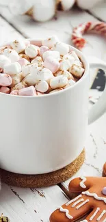 Mug of hot chocolate with marshmallows and gingerbread cookie.