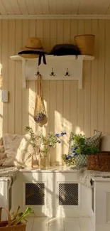 Cozy room with sunlit wooden decor and soft cushions.