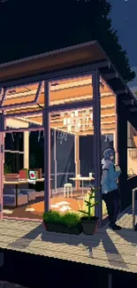 Anime-style cozy night scene with warm lighting.