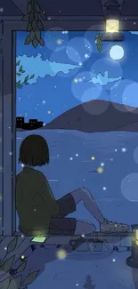 Illustration of a person by a lake at night with moon and fireflies.