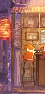 Cute dogs in a cozy night cafe scene illustration.