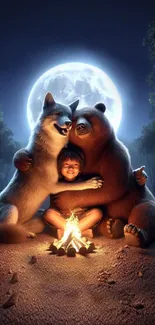 Child, wolf, and bear by campfire under moonlight in forest.