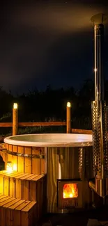 Night time hot tub with warm glow and clear starry sky.