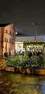 Cozy night market scene with glowing lights and rustic stalls.