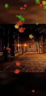 Cozy night street with autumn leaves falling gently.