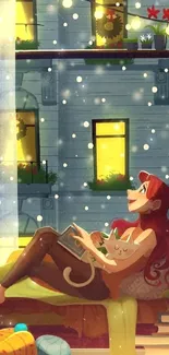 Illustration of a girl and cat by window with warm string lights.