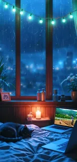 Cozy room with cat, rain, and candlelight by window.