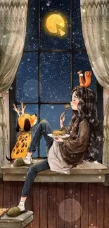 Girl and pet at window under starry night sky.