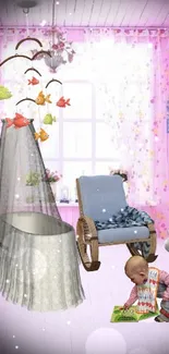 Charming nursery with pastel decor and playful baby in a cozy room setting.