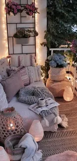 Cozy evening balcony with warm lighting and lush greenery.