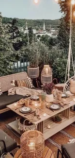 Cozy outdoor seating with lights during evening