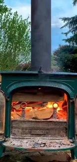 Rustic outdoor fireplace with glowing fire surrounded by nature.