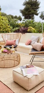 Cozy outdoor patio with rattan furniture and cushions.