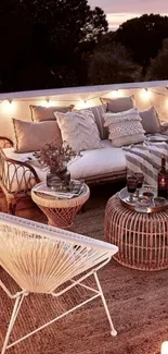 Cozy evening patio with warm lighting and rattan seating.