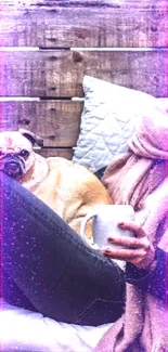 Two friends sitting outdoors with a pug.