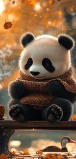 Cute panda wearing a scarf in an autumn setting with falling leaves and a warm atmosphere.