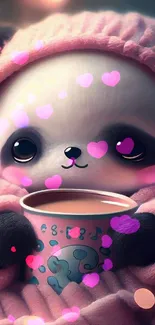 Adorable panda in a pink hoodie holding a cup, perfect for a cozy mobile wallpaper.