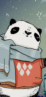 Cozy panda with scarf and lantern under a starry sky wallpaper.