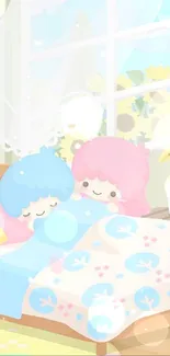 Adorable pastel wallpaper with sleeping characters and yellow accents.