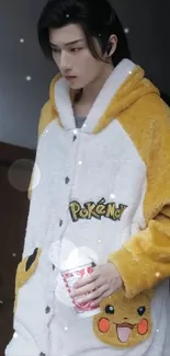 Person wearing Pikachu-themed hoodie holding a cup.