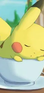 Cute Pikachu resting in a teacup with a vibrant green background.