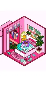 Cozy pink-themed isometric bedroom illustration with vibrant decor.