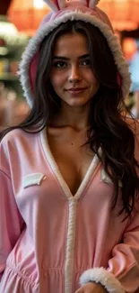Woman in a pink bunny hoodie enjoying a cafe