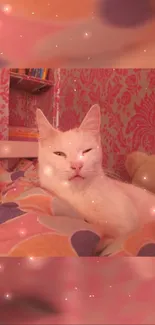 White cat resting on colorful bedding in a pink room.