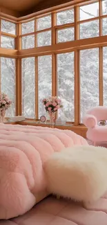 Cozy pink bedroom with snowy winter view through large windows.