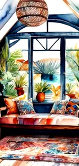 Watercolor painting of a cozy room with plants and colorful decor.