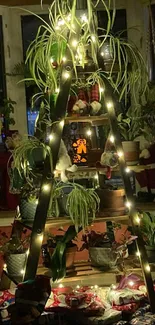 Cozy plant-decorated ladder with warm lights.