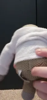 Plush toy wearing white sweater held by hand.