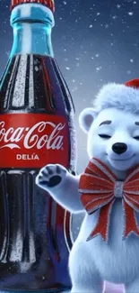 Cute polar bear with Coca-Cola bottle in festive setting.