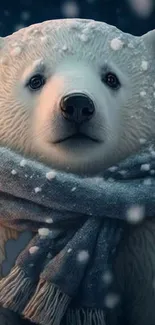 Polar bear wearing a scarf in a snowy setting, blue-grey tones.