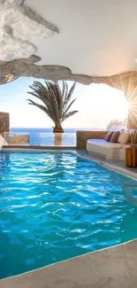 Beautiful blue poolside view with sunlit ocean and cozy seating area.