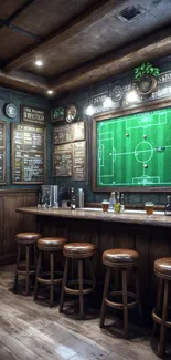 Rustic pub interior with wooden stools and a green chalkboard.