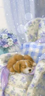 Cozy floral chair with sleeping puppy.