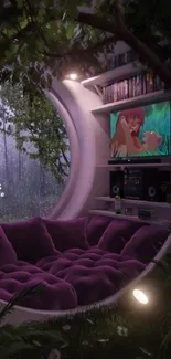 Purple lounge nook in a lush forest setting with soft lighting.