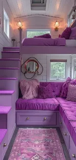 Cozy loft interior with vibrant purple decor.