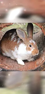 Brown rabbit nestled inside a wooden log.