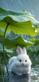 Cute white rabbit under green leaves in the rain.
