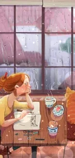 Cozy art scene of a woman and cat by a rainy window.